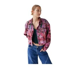 BDG Joey Flannel Cropped Shirt Pink Newspaper Urban Outfitters SP Indie‎ Y2K 90s